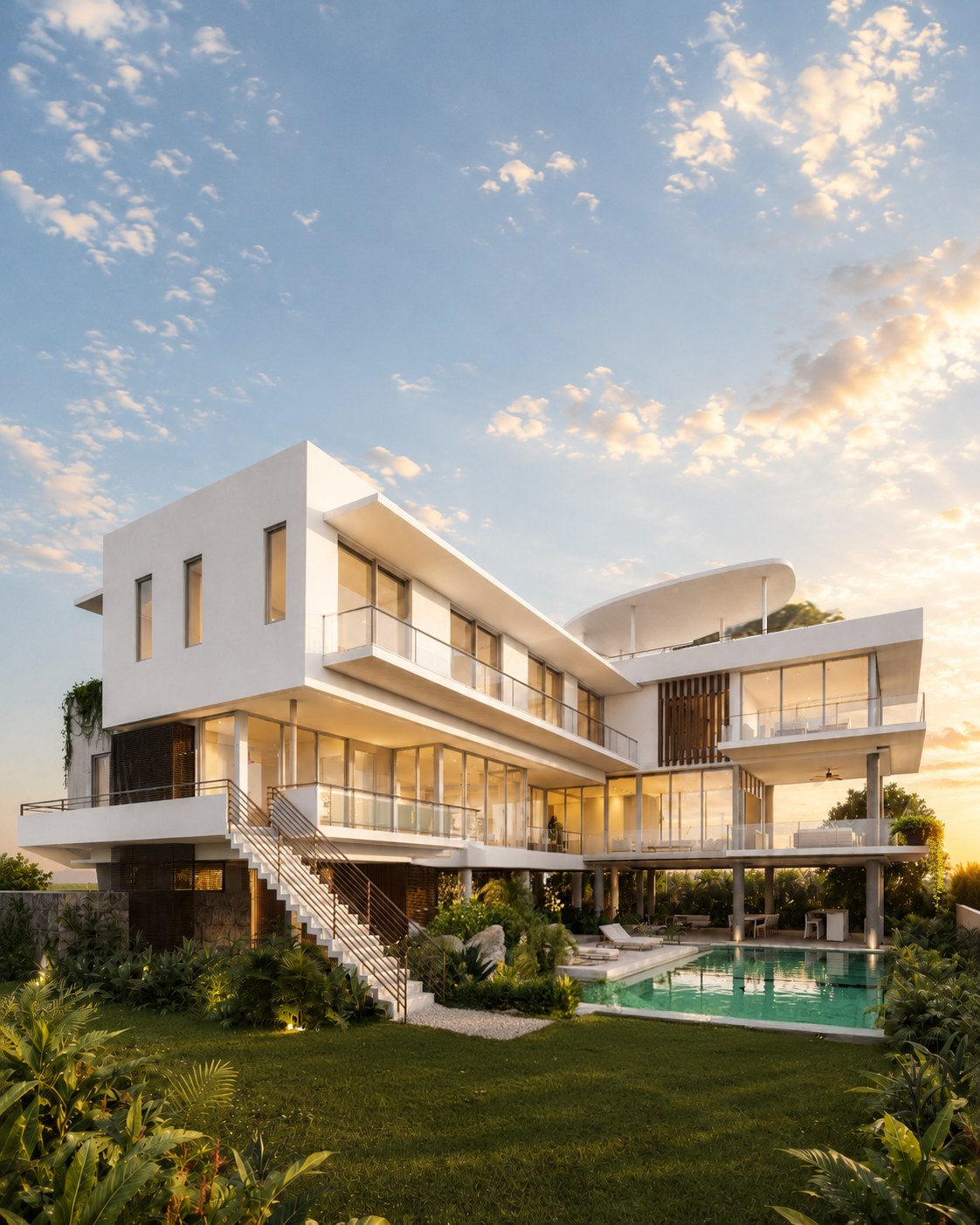 The grounds, pool at grade. Artist rendering, proposed residence.