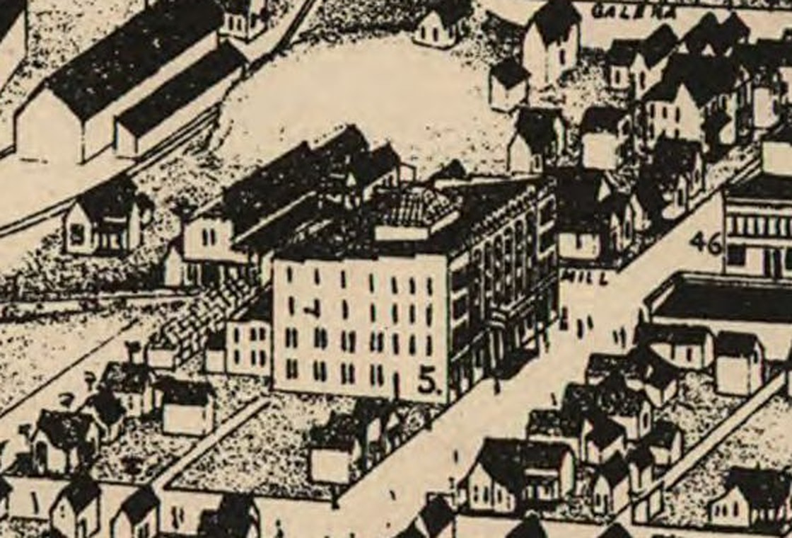 1893, the year silver collapsed: the Hotel Jerome, No. 5 on the Aspen Times bird's-eye view of town. Library of Congress.