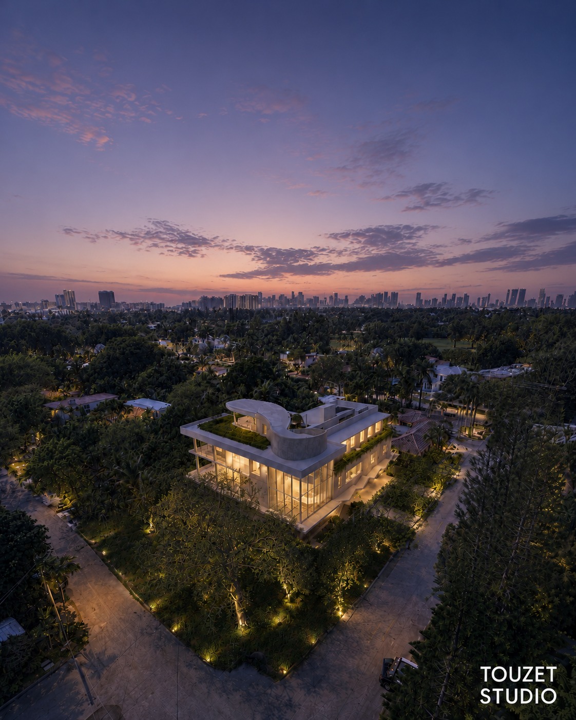 From above at twilight. Three blocks from the ocean, one from Bayshore Park, one from the Miami Beach Golf Club.