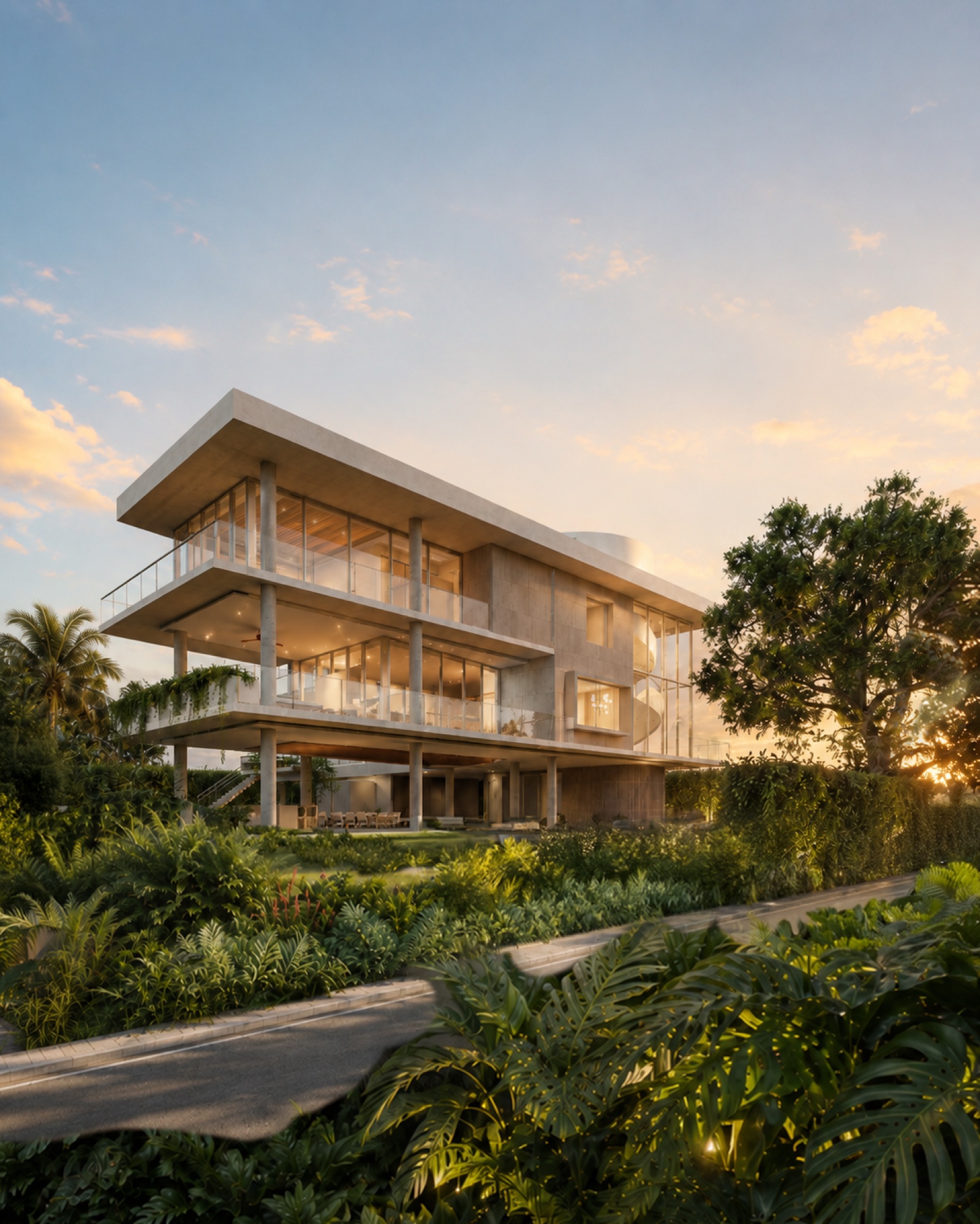 Side elevation at golden hour — board-formed concrete as finish, not cladding.