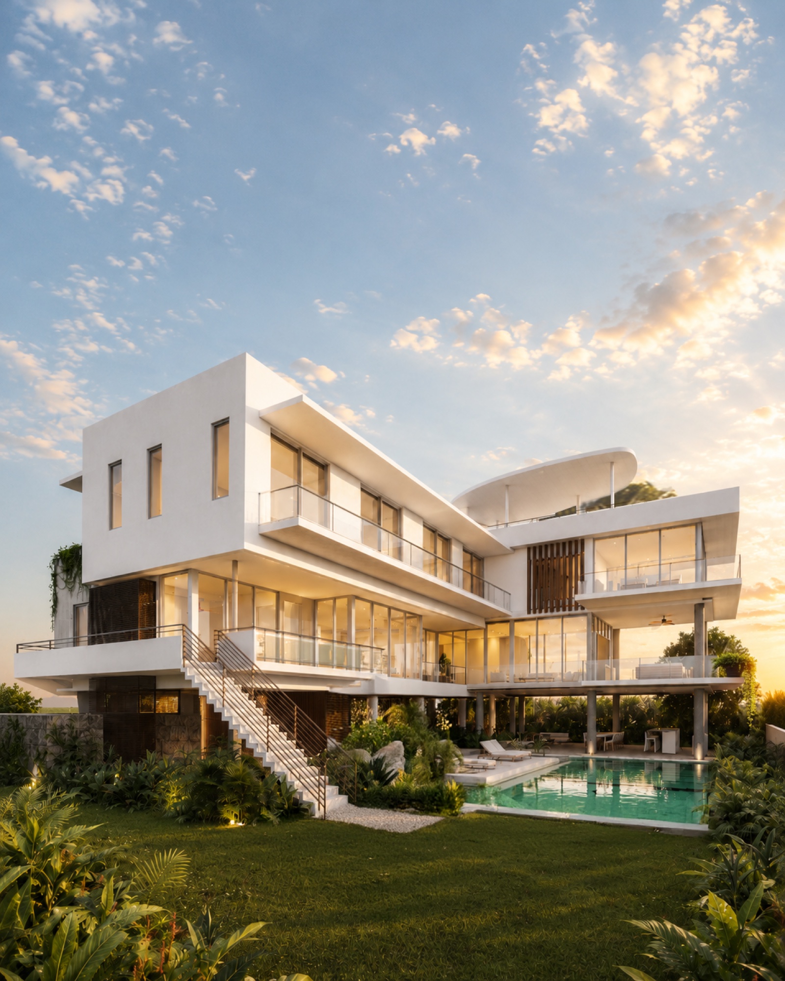 The pool at grade, lawn behind, and the rear elevation opening to it.