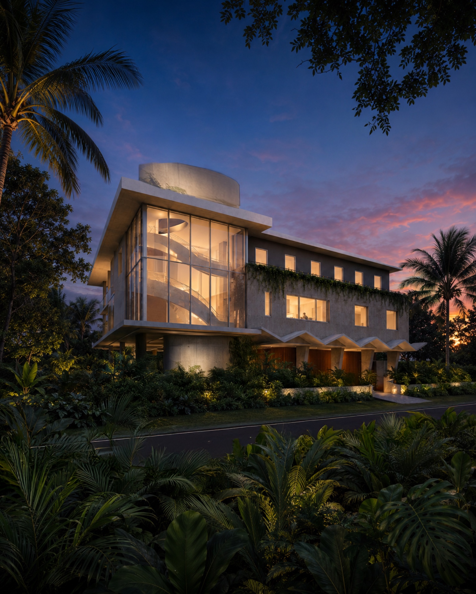 Touzet Studio — the front elevation at twilight. The glass rotunda anchors the corner of Fairgreen and West 29th.