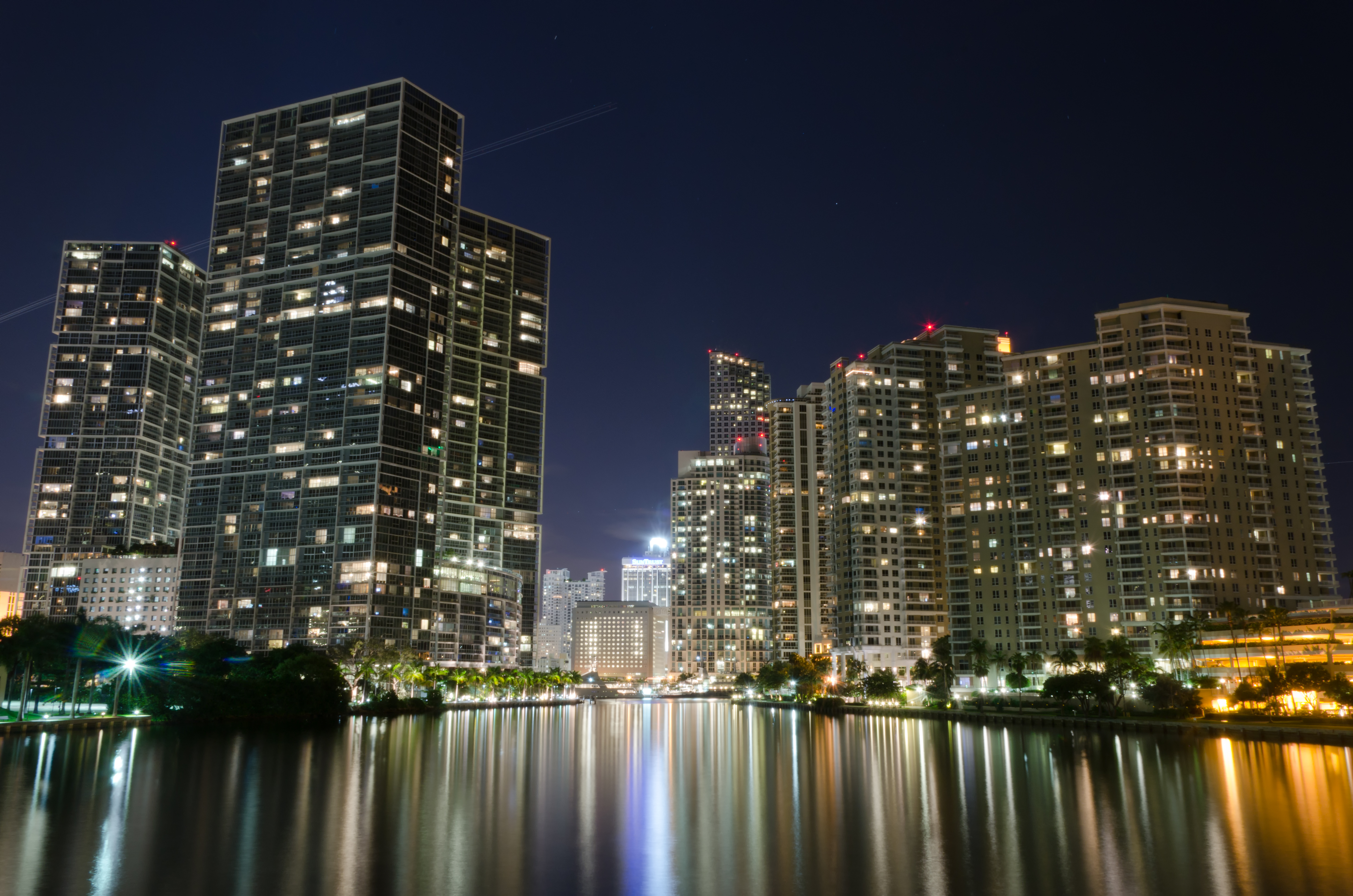 Brickell Key from the Brickell Avenue Bridge — the only road access to the island.