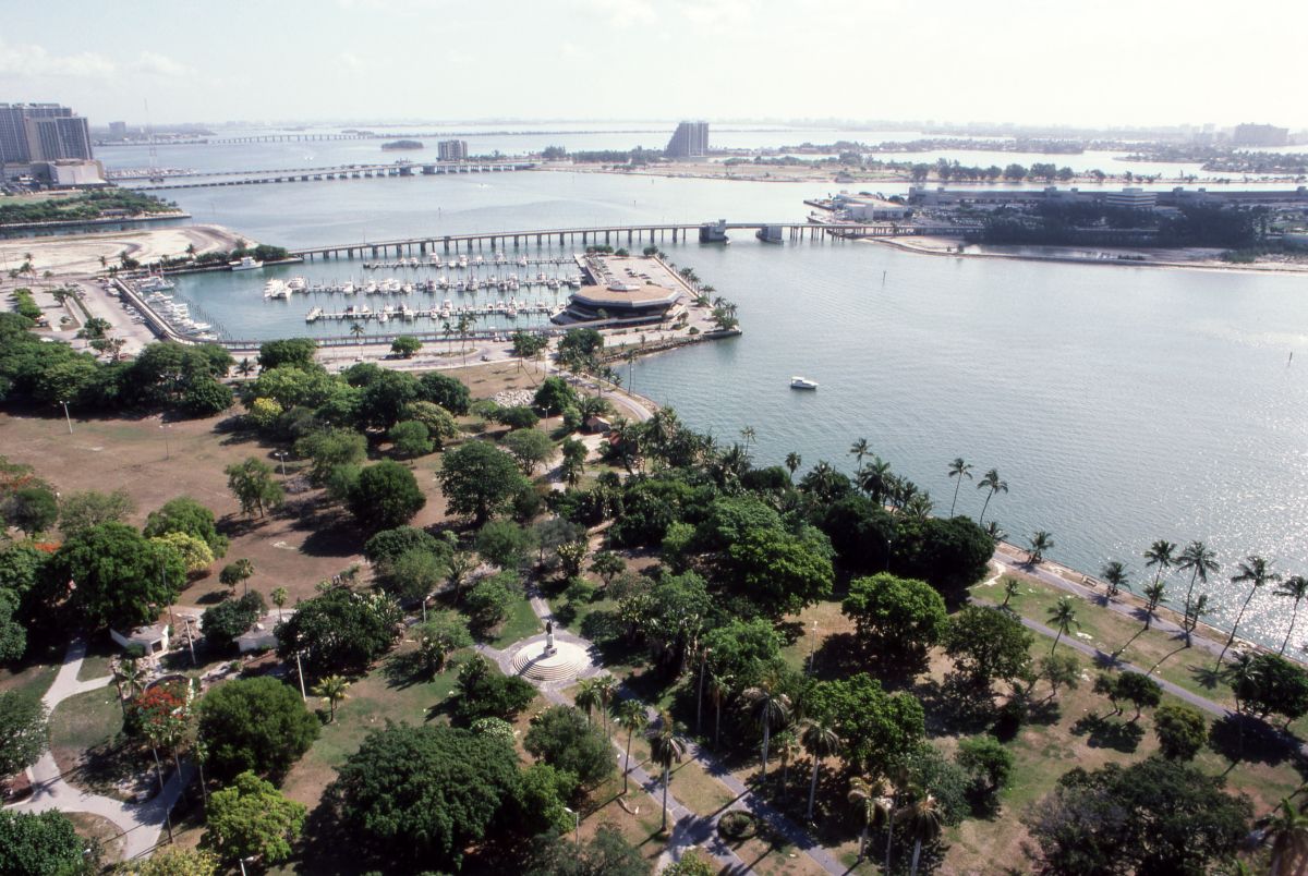 Downtown Miami in 1985 — the skyline was already mid-Mariel-boom but Brickell Key, just east of frame, hadn't yet been built out.