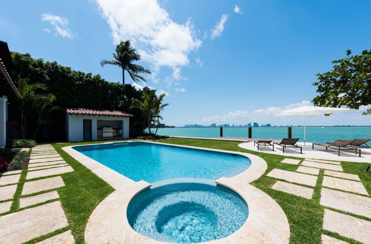 5410 North Bay Road — waterfront pool and spa overlooking Biscayne Bay.