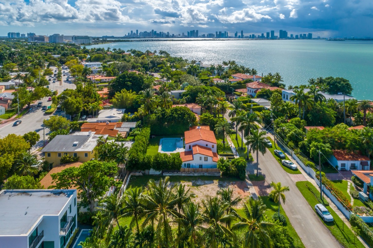 Aerial view of Middle North Bay Road — waterfront and interior homes with Biscayne Bay and the downtown skyline beyond.