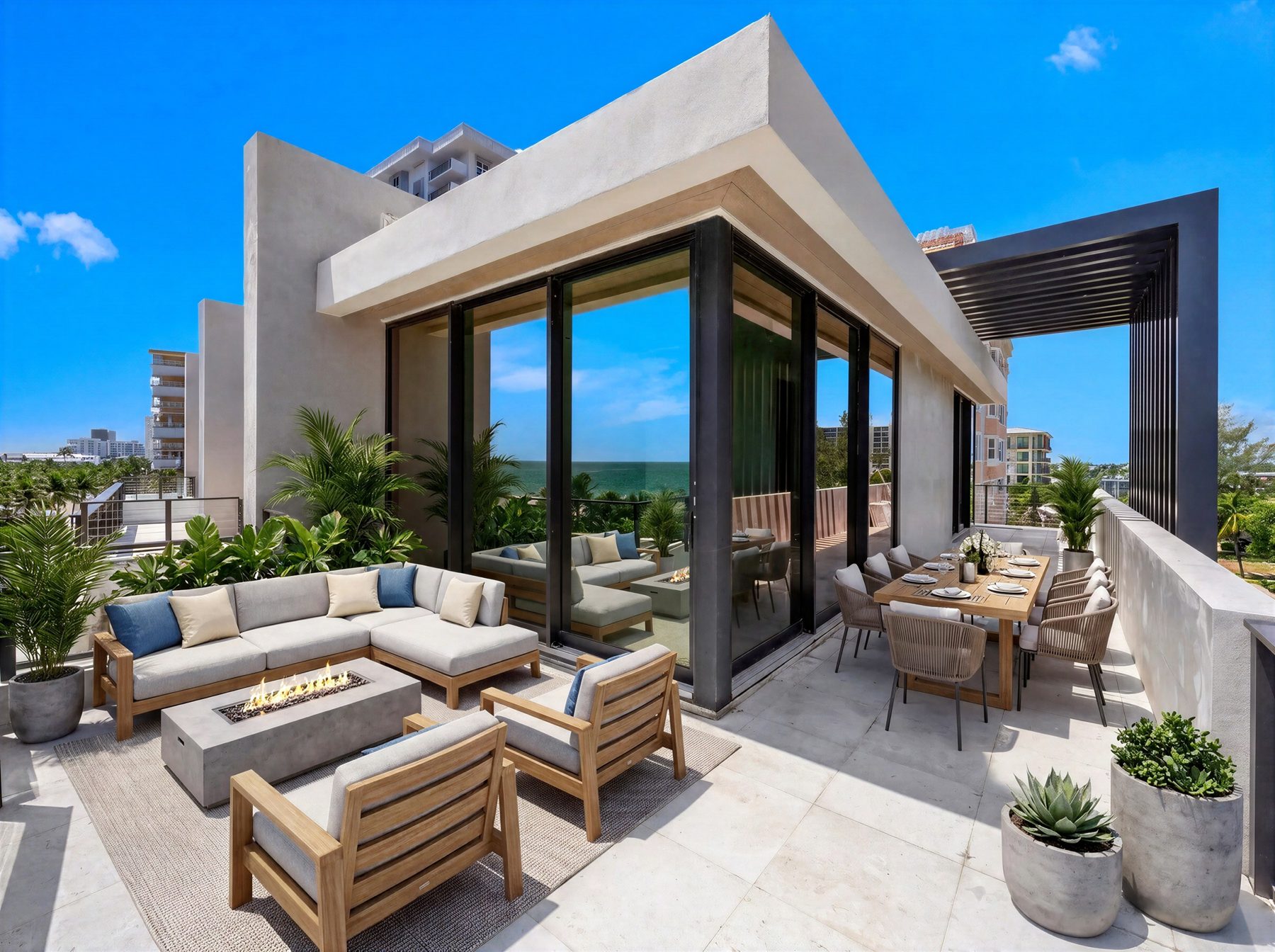 Rendering of the fourth-floor terrace of House One, virtually staged