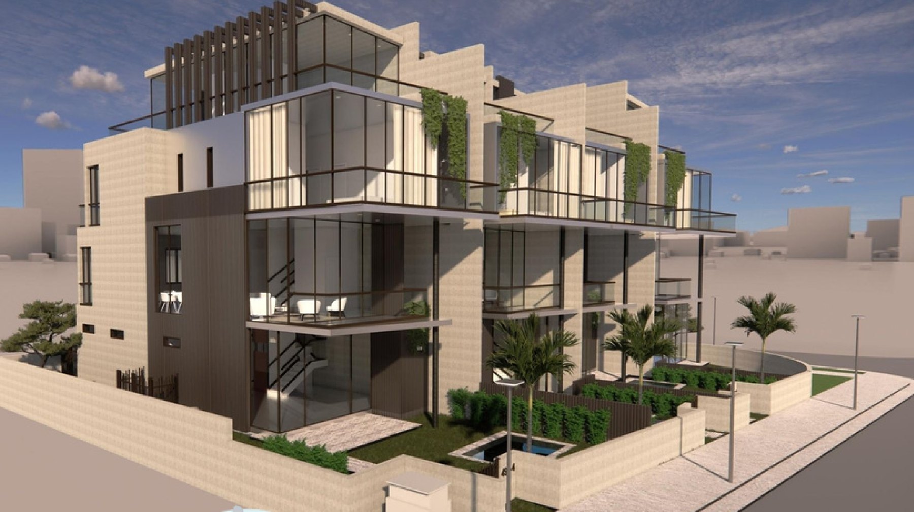 Architect's rendering of Finesse 4 from the southeast, showing the private pools